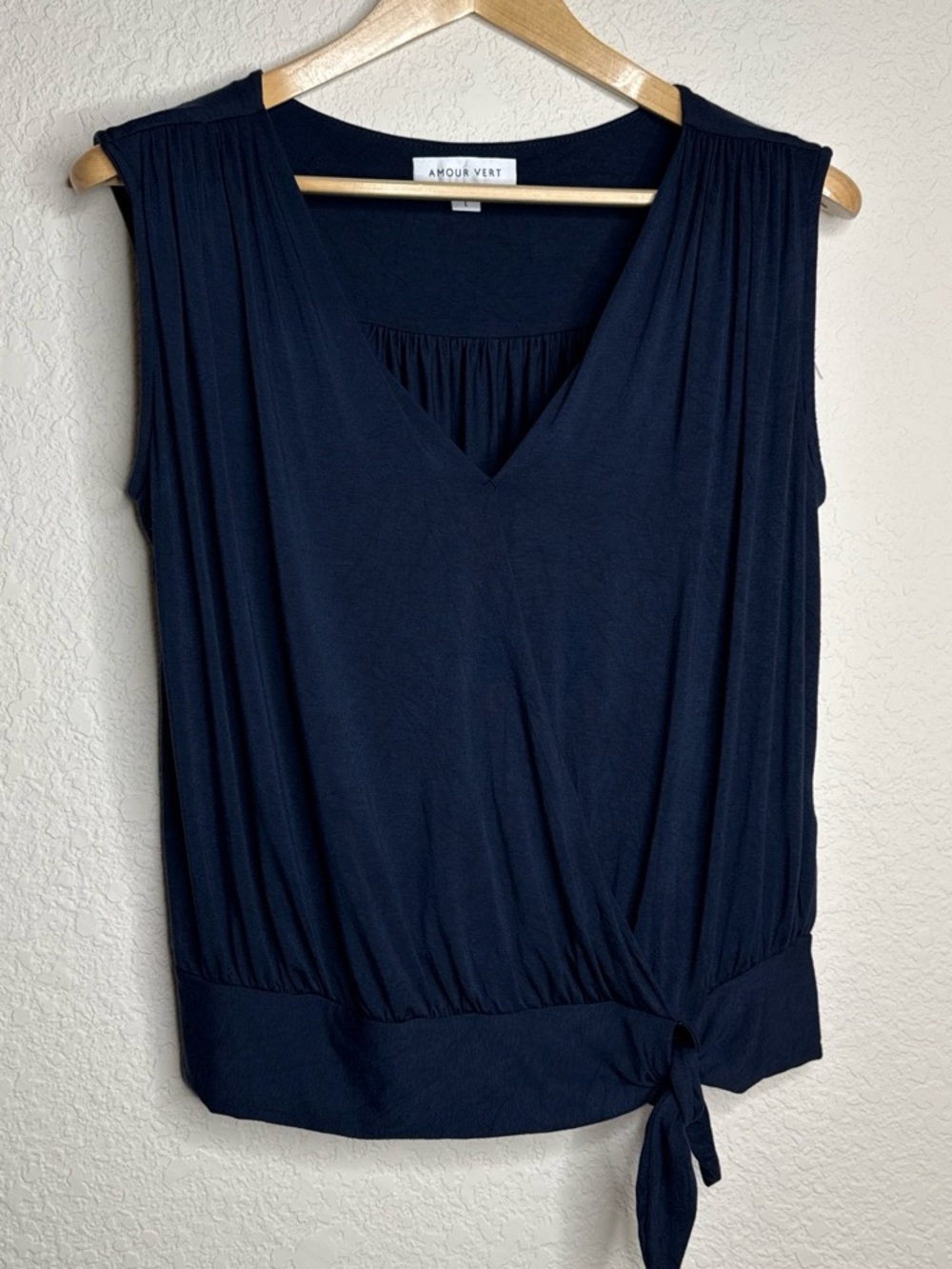 Amour Vert Navy Faux Wrap Side Tie Sleeveless Modal Top Size L USA Made